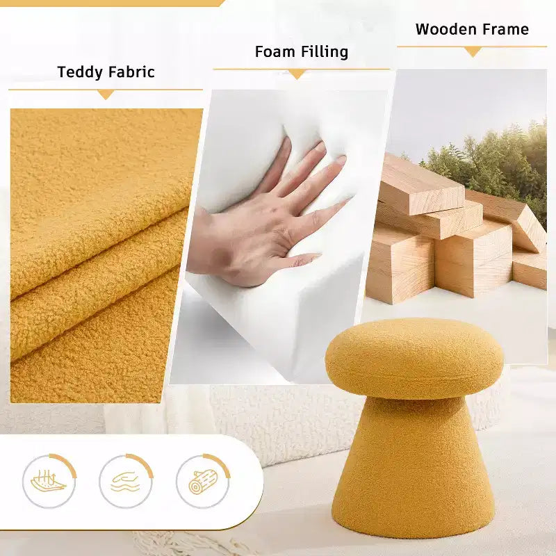 GDFStudio Becka Teddy Fabric Mushroom Shaped Swivel Ottoman Footstool with Wooden Frame