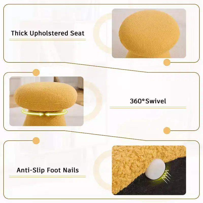 GDFStudio Becka Teddy Fabric Mushroom Shaped Swivel Ottoman Footstool with Wooden Frame
