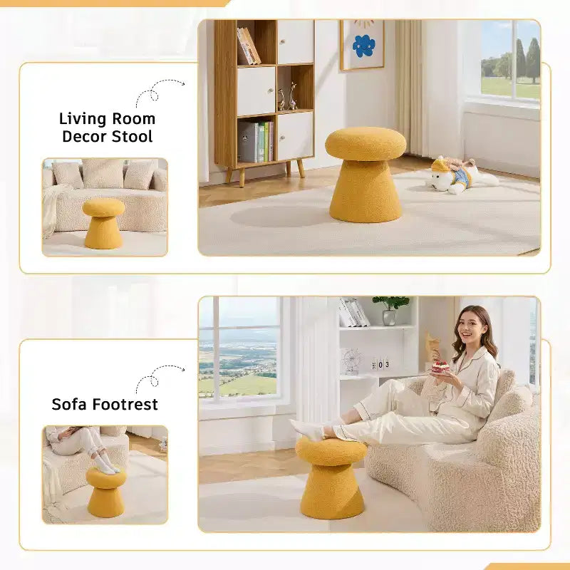 GDFStudio Becka Teddy Fabric Mushroom Shaped Swivel Ottoman Footstool with Wooden Frame