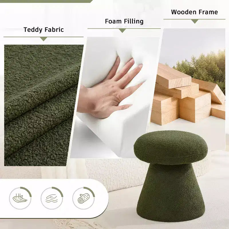 GDFStudio Becka Teddy Fabric Mushroom Shaped Swivel Ottoman Footstool with Wooden Frame