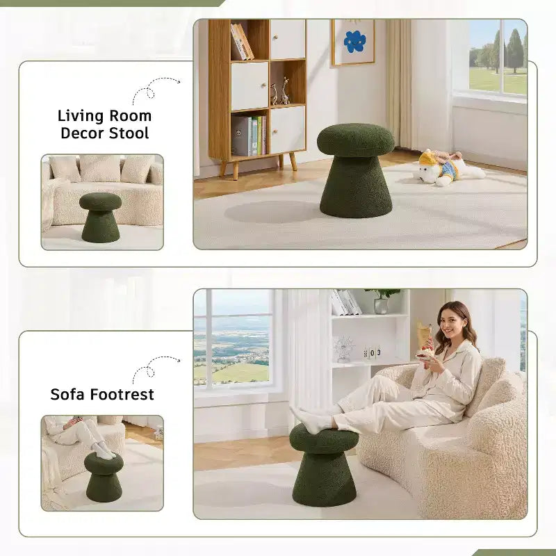 GDFStudio Becka Teddy Fabric Mushroom Shaped Swivel Ottoman Footstool with Wooden Frame