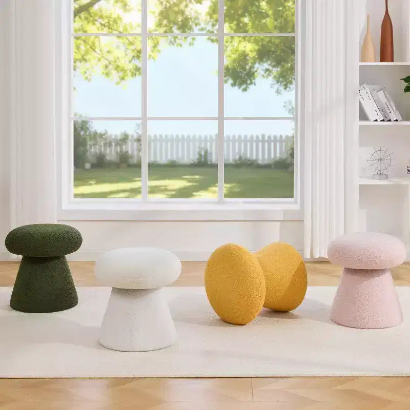 GDFStudio Becka Teddy Fabric Mushroom Shaped Swivel Ottoman Footstool with Wooden Frame