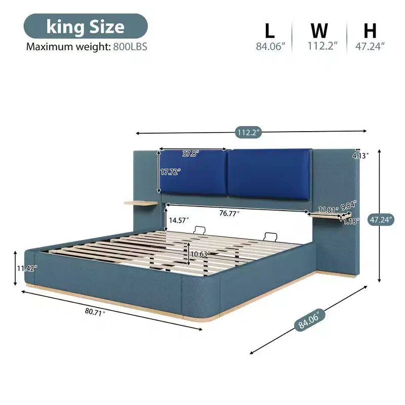 Whisen King Size Upholstered Platform Bed Frame with Side Storage Shelves, with Soft PU Headboard and Panel, Anti-Collision, Easy Assembly