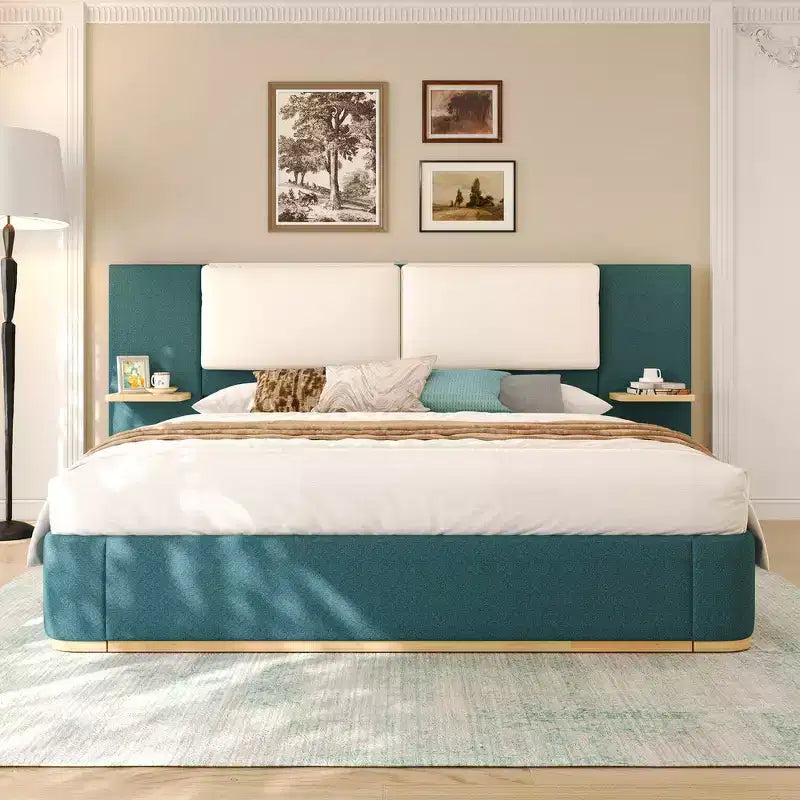 Whisen King Size Upholstered Platform Bed Frame with Side Storage Shelves, with Soft PU Headboard and Panel, Anti-Collision, Easy Assembly