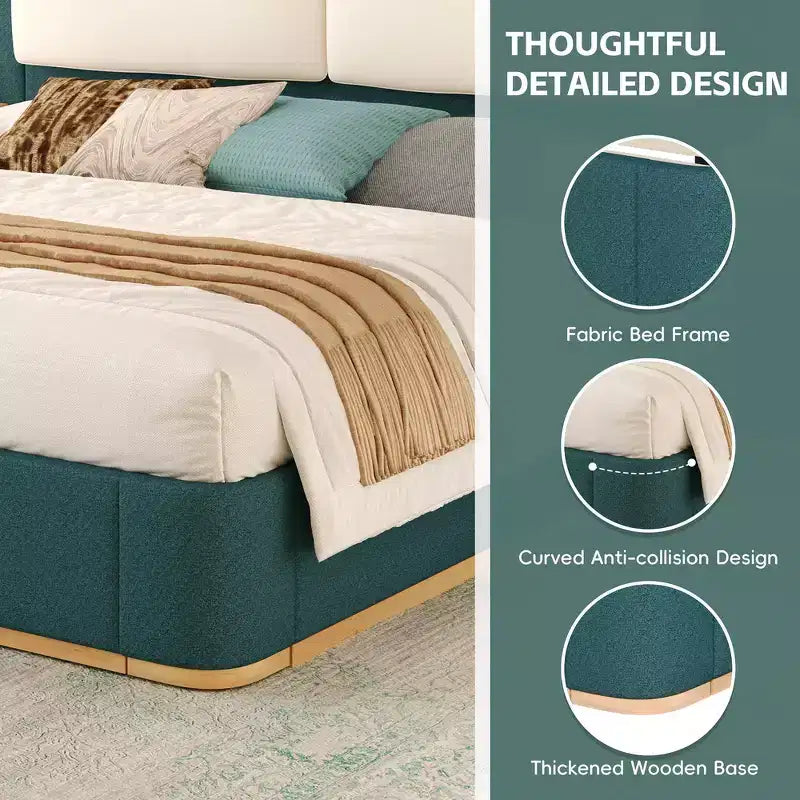 Whisen King Size Upholstered Platform Bed Frame with Side Storage Shelves, with Soft PU Headboard and Panel, Anti-Collision, Easy Assembly