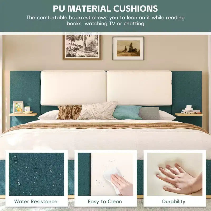 Whisen King Size Upholstered Platform Bed Frame with Side Storage Shelves, with Soft PU Headboard and Panel, Anti-Collision, Easy Assembly