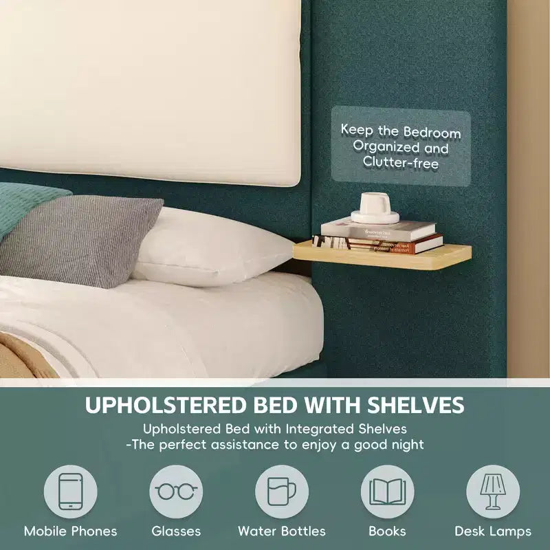 Whisen King Size Upholstered Platform Bed Frame with Side Storage Shelves, with Soft PU Headboard and Panel, Anti-Collision, Easy Assembly