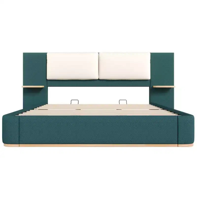 Whisen King Size Upholstered Platform Bed Frame with Side Storage Shelves, with Soft PU Headboard and Panel, Anti-Collision, Easy Assembly