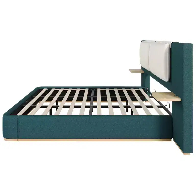 Whisen King Size Upholstered Platform Bed Frame with Side Storage Shelves, with Soft PU Headboard and Panel, Anti-Collision, Easy Assembly