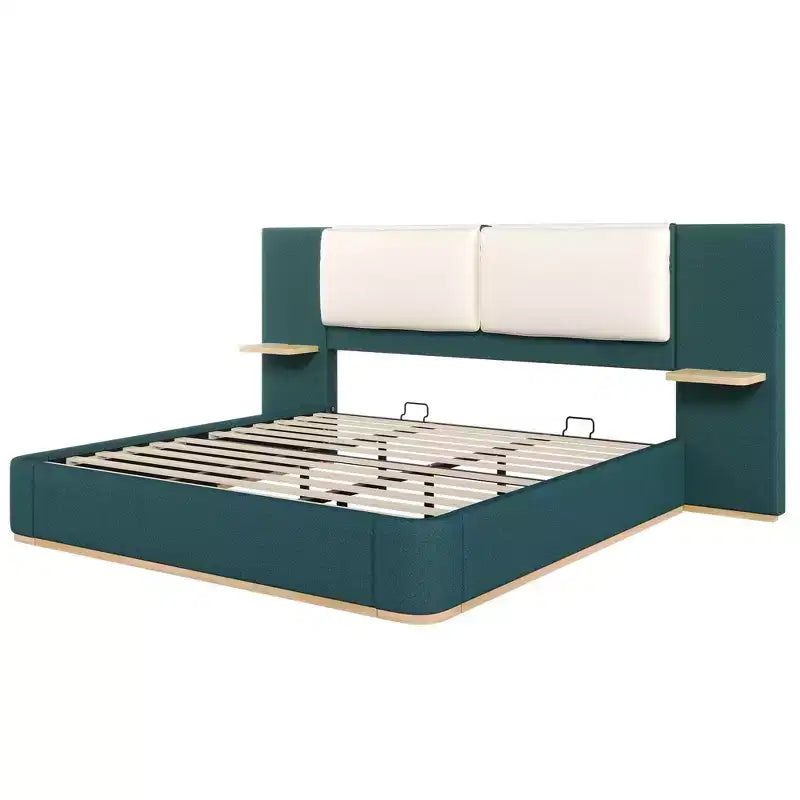 Whisen King Size Upholstered Platform Bed Frame with Side Storage Shelves, with Soft PU Headboard and Panel, Anti-Collision, Easy Assembly