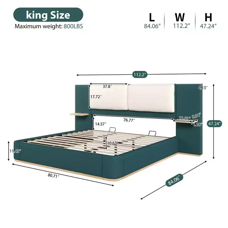 Whisen King Size Upholstered Platform Bed Frame with Side Storage Shelves, with Soft PU Headboard and Panel, Anti-Collision, Easy Assembly