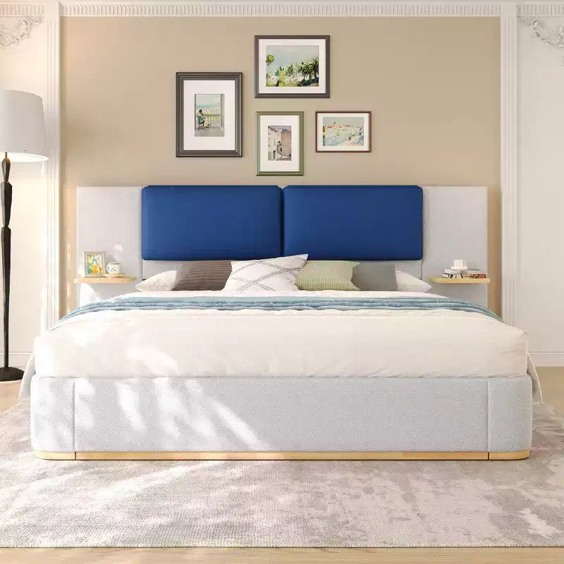 Whisen King Size Upholstered Platform Bed Frame with Side Storage Shelves, with Soft PU Headboard and Panel, Anti-Collision, Easy Assembly