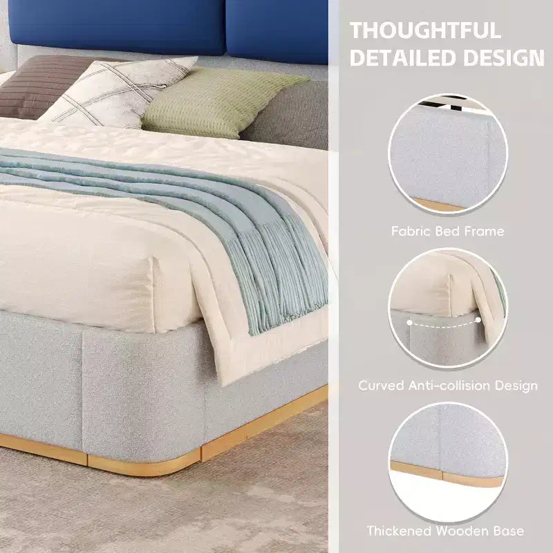 Whisen King Size Upholstered Platform Bed Frame with Side Storage Shelves, with Soft PU Headboard and Panel, Anti-Collision, Easy Assembly