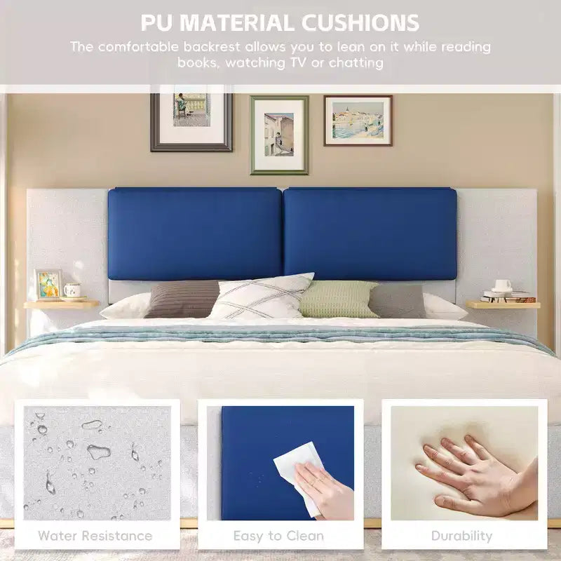 Whisen King Size Upholstered Platform Bed Frame with Side Storage Shelves, with Soft PU Headboard and Panel, Anti-Collision, Easy Assembly