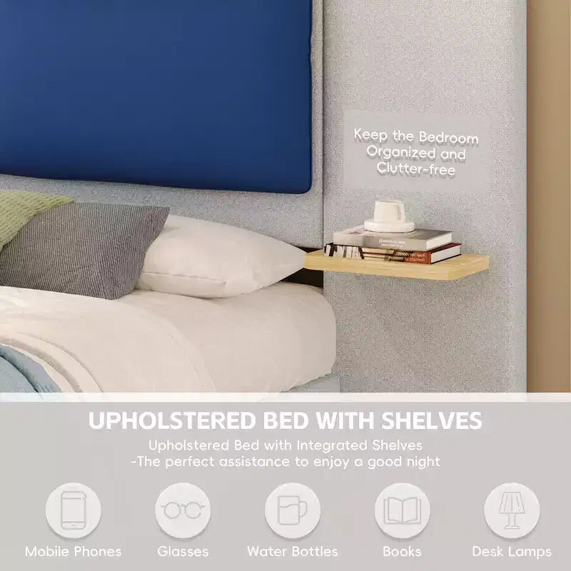 Whisen King Size Upholstered Platform Bed Frame with Side Storage Shelves, with Soft PU Headboard and Panel, Anti-Collision, Easy Assembly