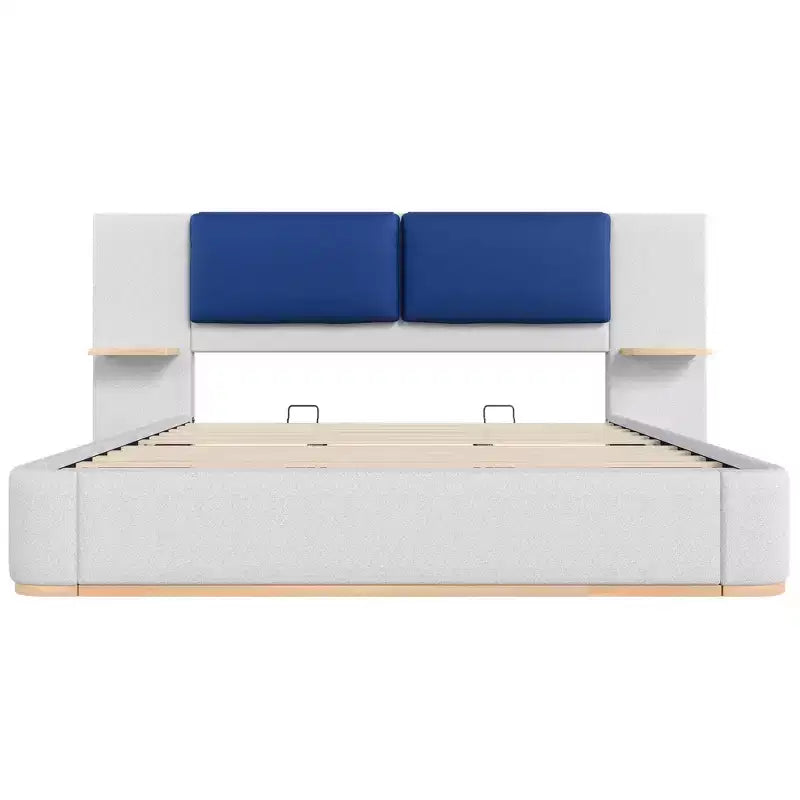 Whisen King Size Upholstered Platform Bed Frame with Side Storage Shelves, with Soft PU Headboard and Panel, Anti-Collision, Easy Assembly
