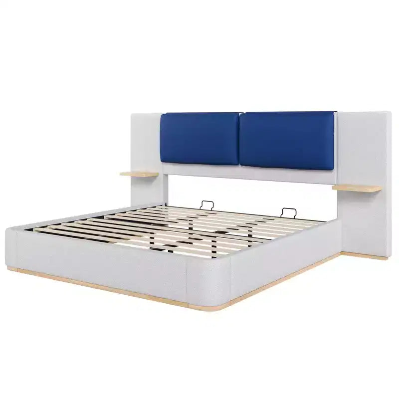 Whisen King Size Upholstered Platform Bed Frame with Side Storage Shelves, with Soft PU Headboard and Panel, Anti-Collision, Easy Assembly