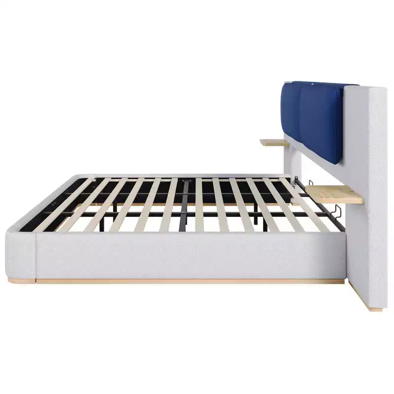 Whisen King Size Upholstered Platform Bed Frame with Side Storage Shelves, with Soft PU Headboard and Panel, Anti-Collision, Easy Assembly
