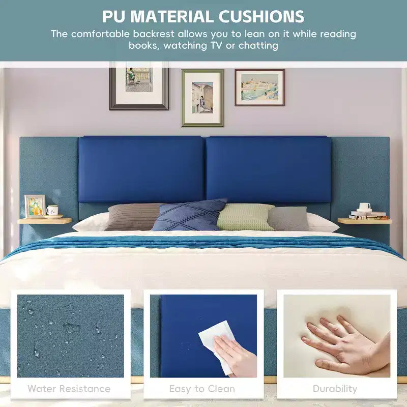 Whisen King Size Upholstered Platform Bed Frame with Side Storage Shelves, with Soft PU Headboard and Panel, Anti-Collision, Easy Assembly