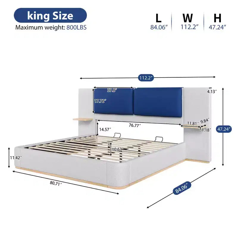 Whisen King Size Upholstered Platform Bed Frame with Side Storage Shelves, with Soft PU Headboard and Panel, Anti-Collision, Easy Assembly