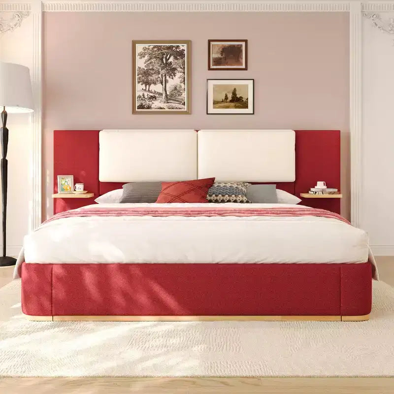 Whisen King Size Upholstered Platform Bed Frame with Side Storage Shelves, with Soft PU Headboard and Panel, Anti-Collision, Easy Assembly