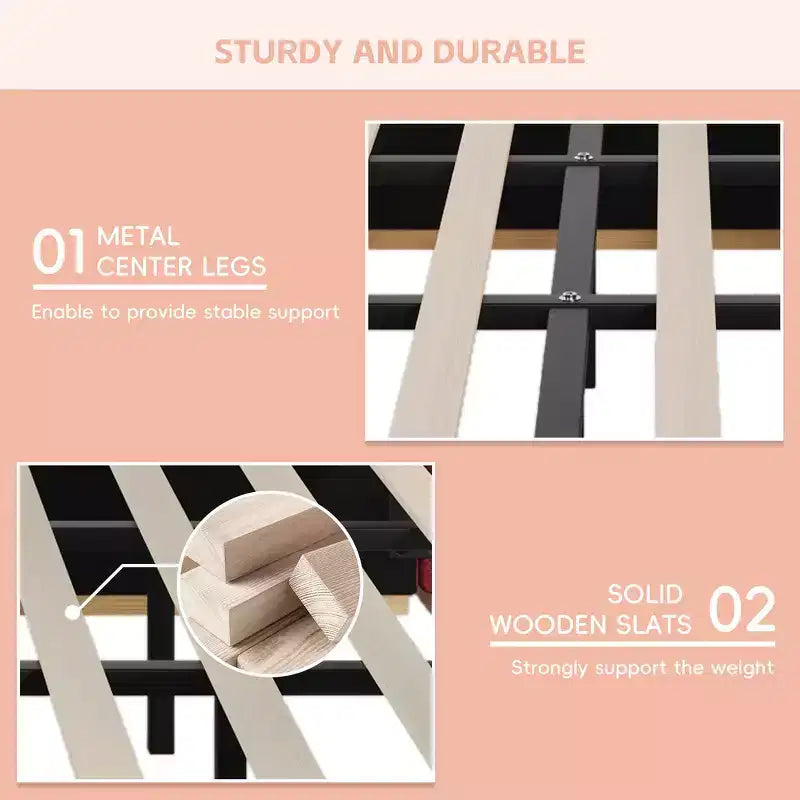 Whisen King Size Upholstered Platform Bed Frame with Side Storage Shelves, with Soft PU Headboard and Panel, Anti-Collision, Easy Assembly