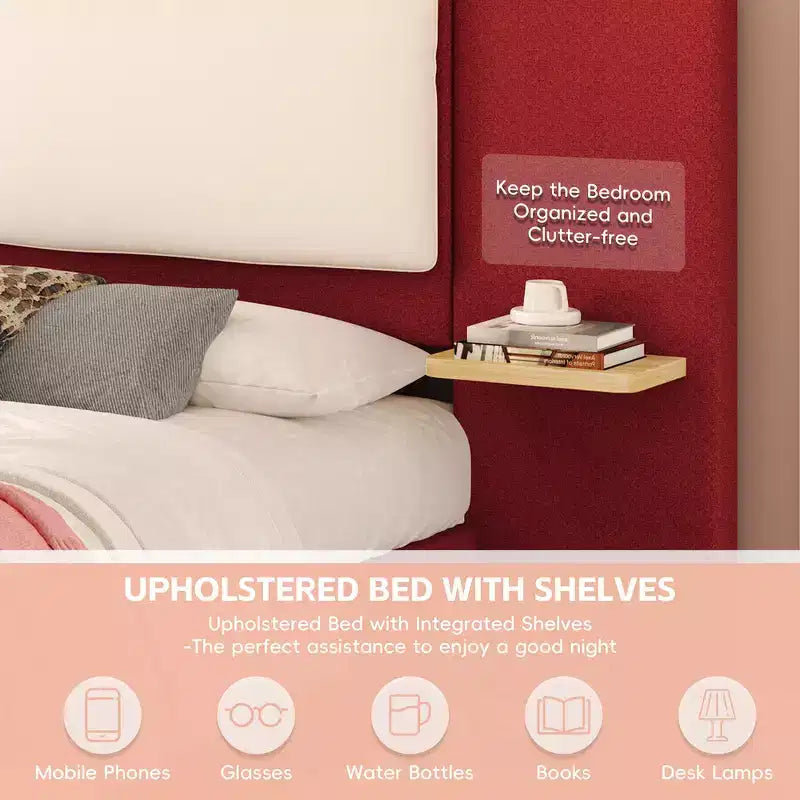 Whisen King Size Upholstered Platform Bed Frame with Side Storage Shelves, with Soft PU Headboard and Panel, Anti-Collision, Easy Assembly
