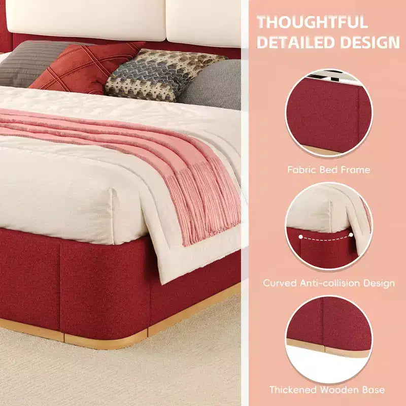 Whisen King Size Upholstered Platform Bed Frame with Side Storage Shelves, with Soft PU Headboard and Panel, Anti-Collision, Easy Assembly