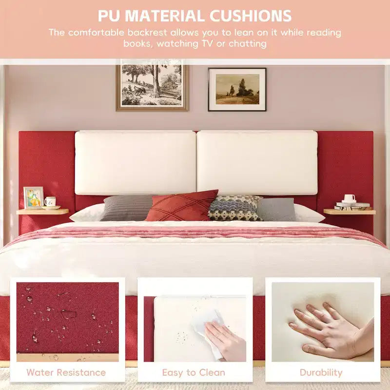 Whisen King Size Upholstered Platform Bed Frame with Side Storage Shelves, with Soft PU Headboard and Panel, Anti-Collision, Easy Assembly