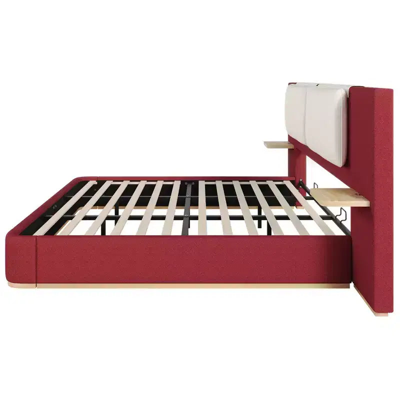 Whisen King Size Upholstered Platform Bed Frame with Side Storage Shelves, with Soft PU Headboard and Panel, Anti-Collision, Easy Assembly