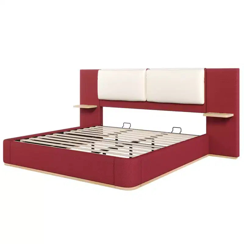 Whisen King Size Upholstered Platform Bed Frame with Side Storage Shelves, with Soft PU Headboard and Panel, Anti-Collision, Easy Assembly