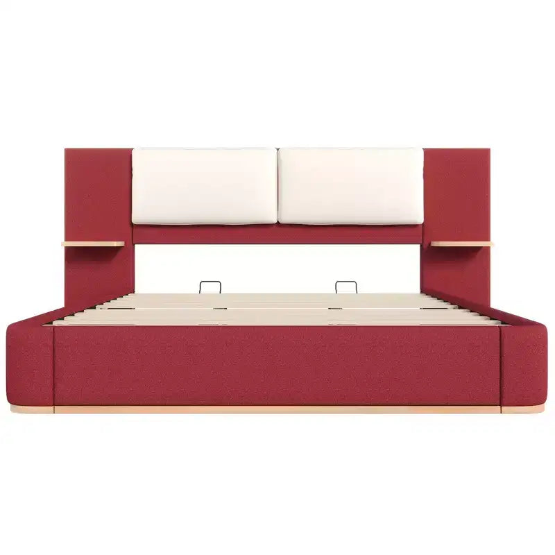 Whisen King Size Upholstered Platform Bed Frame with Side Storage Shelves, with Soft PU Headboard and Panel, Anti-Collision, Easy Assembly