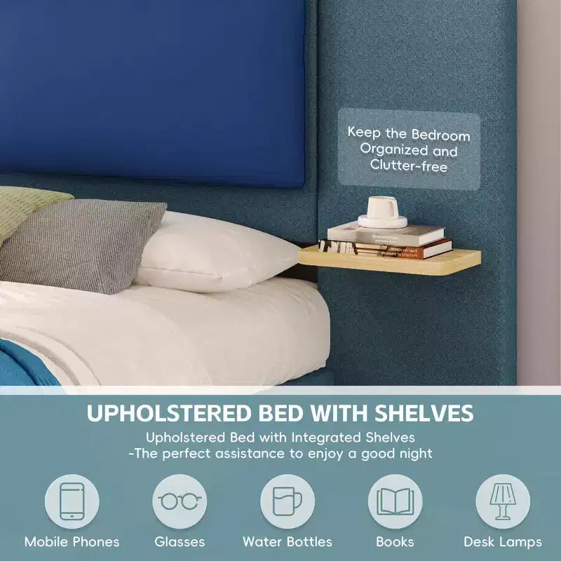 Whisen King Size Upholstered Platform Bed Frame with Side Storage Shelves, with Soft PU Headboard and Panel, Anti-Collision, Easy Assembly