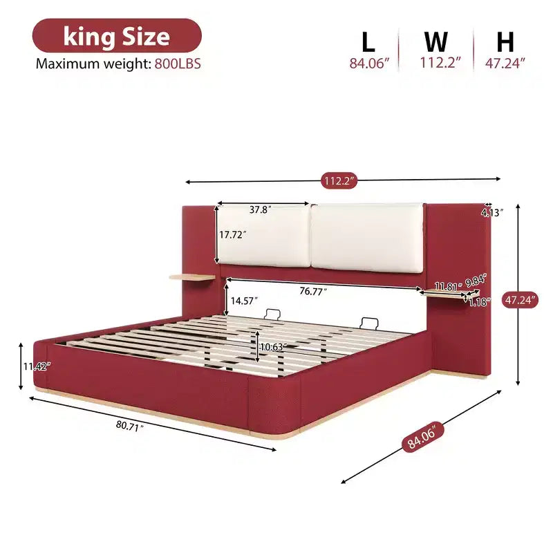 Whisen King Size Upholstered Platform Bed Frame with Side Storage Shelves, with Soft PU Headboard and Panel, Anti-Collision, Easy Assembly