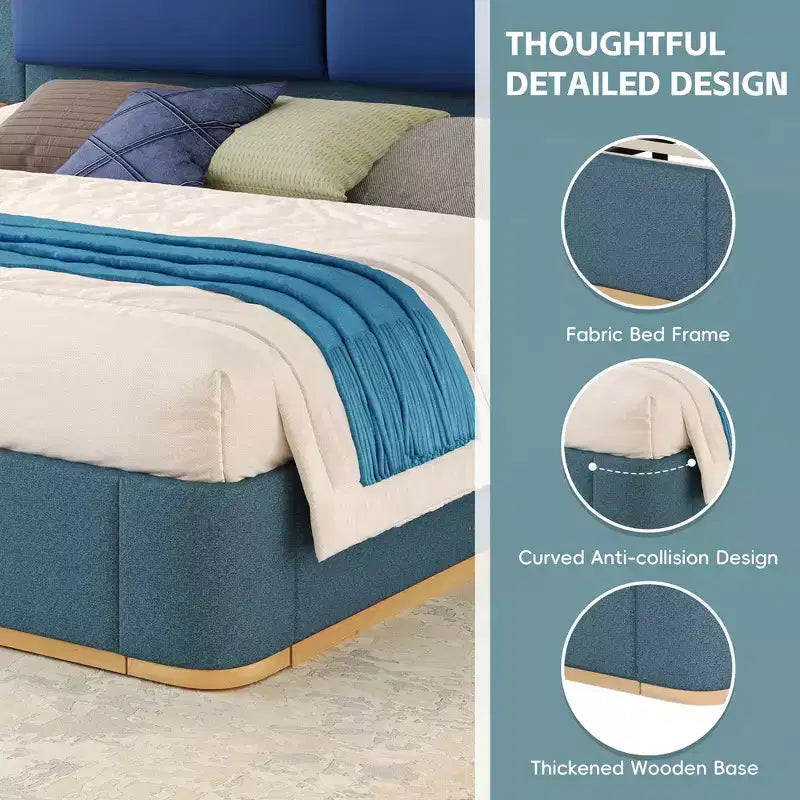 Whisen King Size Upholstered Platform Bed Frame with Side Storage Shelves, with Soft PU Headboard and Panel, Anti-Collision, Easy Assembly