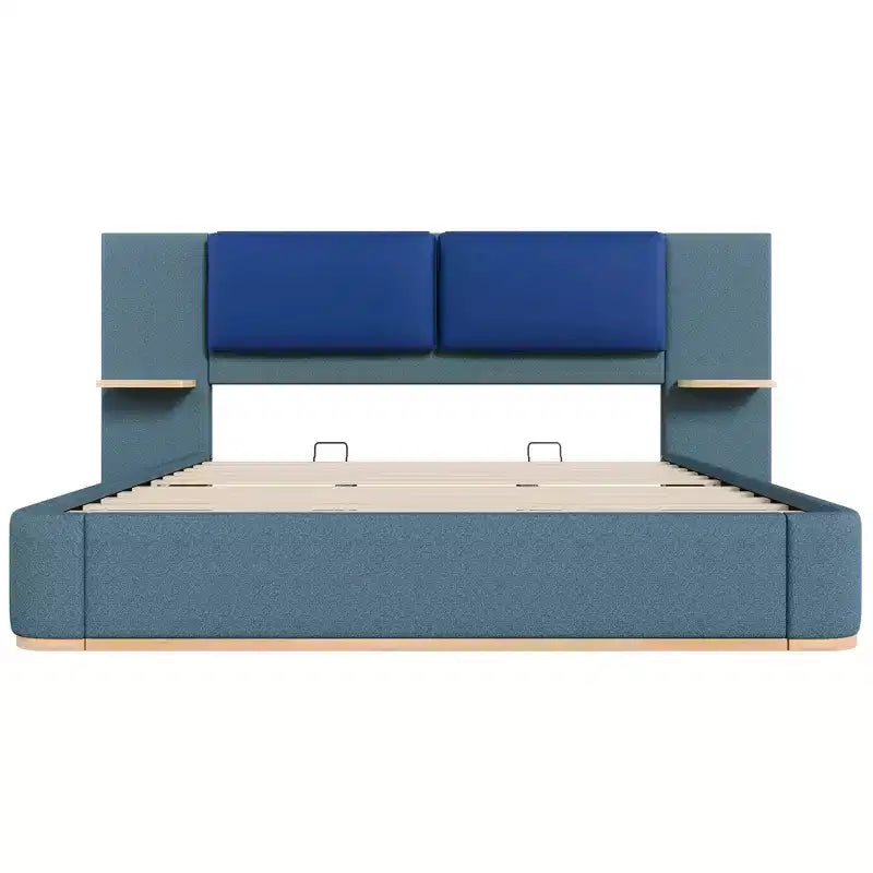 Whisen King Size Upholstered Platform Bed Frame with Side Storage Shelves, with Soft PU Headboard and Panel, Anti-Collision, Easy Assembly