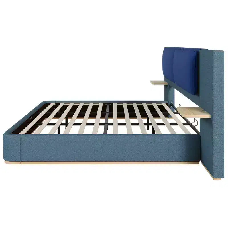 Whisen King Size Upholstered Platform Bed Frame with Side Storage Shelves, with Soft PU Headboard and Panel, Anti-Collision, Easy Assembly