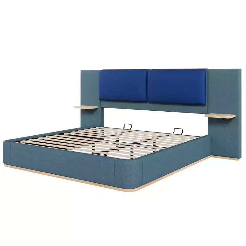 Whisen King Size Upholstered Platform Bed Frame with Side Storage Shelves, with Soft PU Headboard and Panel, Anti-Collision, Easy Assembly