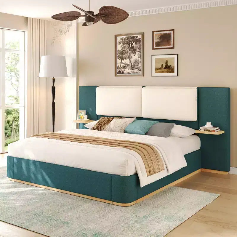 Whisen King Size Upholstered Platform Bed Frame with Side Storage Shelves, with Soft PU Headboard and Panel, Anti-Collision, Easy Assembly