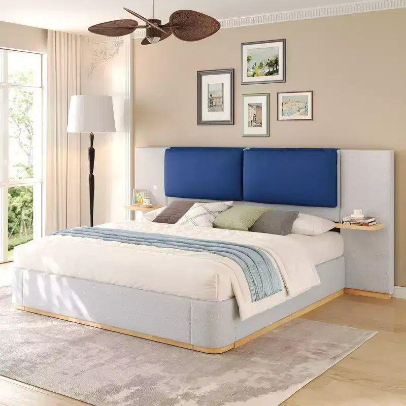 Whisen King Size Upholstered Platform Bed Frame with Side Storage Shelves, with Soft PU Headboard and Panel, Anti-Collision, Easy Assembly