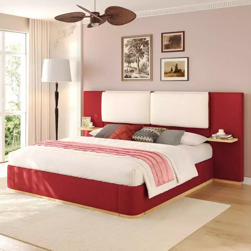 Whisen King Size Upholstered Platform Bed Frame with Side Storage Shelves, with Soft PU Headboard and Panel, Anti-Collision, Easy Assembly