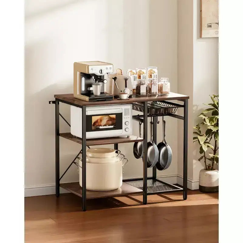 VEVOR Kitchen Bakers Rack, 35.4 in Width Bakers Rack, Kitchen Stand with X-Shaped Support Bar, 5 S-Shaped Hooks,Multi-Layer Storage Shelf, Black&Brown