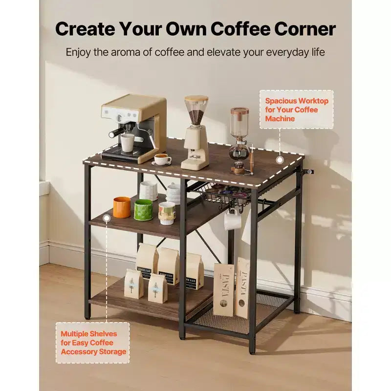 VEVOR Kitchen Bakers Rack, 35.4 in Width Bakers Rack, Kitchen Stand with X-Shaped Support Bar, 5 S-Shaped Hooks,Multi-Layer Storage Shelf, Black&Brown
