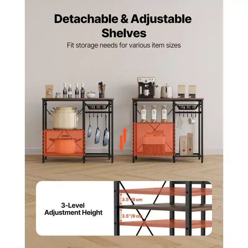 VEVOR Kitchen Bakers Rack, 35.4 in Width Bakers Rack, Kitchen Stand with X-Shaped Support Bar, 5 S-Shaped Hooks,Multi-Layer Storage Shelf, Black&Brown