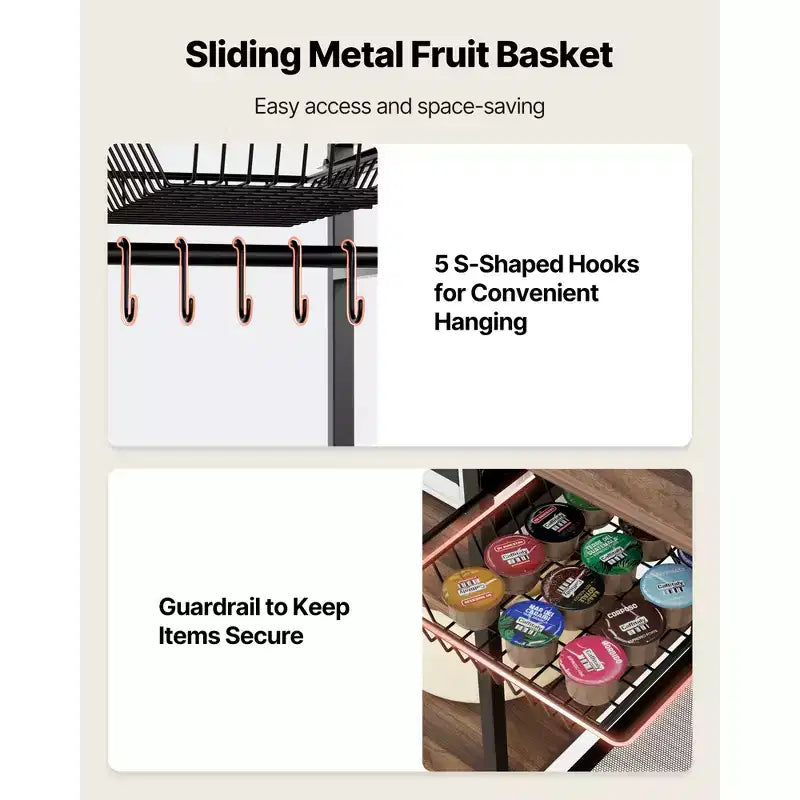 VEVOR Kitchen Bakers Rack, 35.4 in Width Bakers Rack, Kitchen Stand with X-Shaped Support Bar, 5 S-Shaped Hooks,Multi-Layer Storage Shelf, Black&Brown