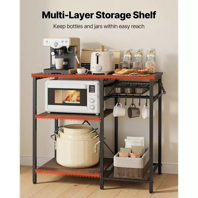 VEVOR Kitchen Bakers Rack, 35.4 in Width Bakers Rack, Kitchen Stand with X-Shaped Support Bar, 5 S-Shaped Hooks,Multi-Layer Storage Shelf, Black&Brown