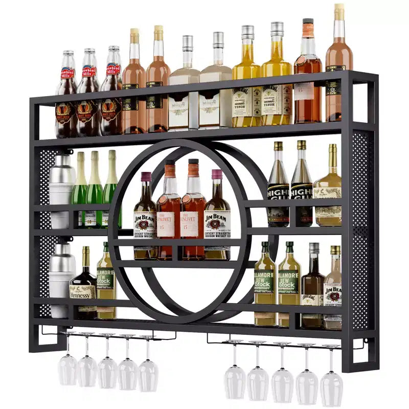 Bekrvio Scaffale Portabottiglie a 3 Livelli da Parete, 39in/47in Ripiani Fluttuanti in Metallo con Porta Calici, Scaffale Industriale per Liquori per Bar di Casa