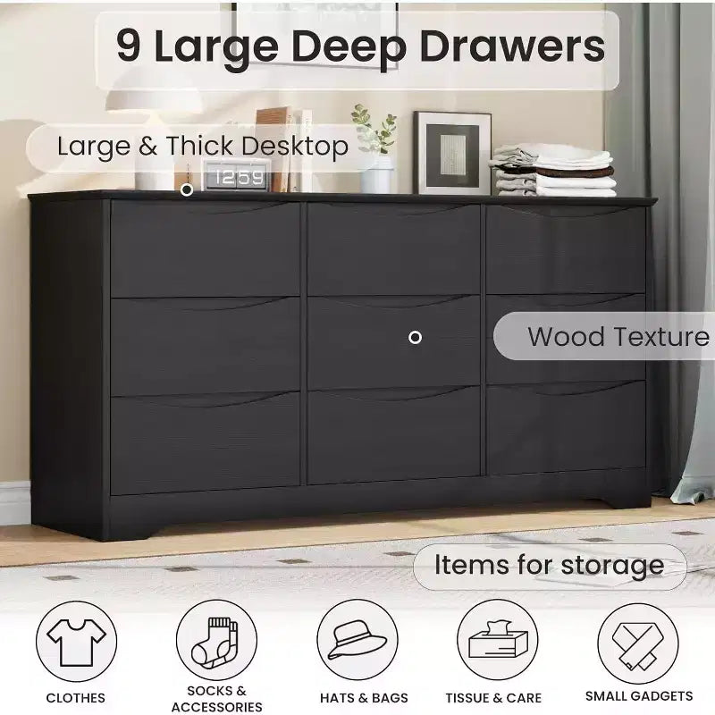 Wooden Dresser with 9 Drawers, Long Storage Dresser, Modern Closet, for Bedroom, Living Room