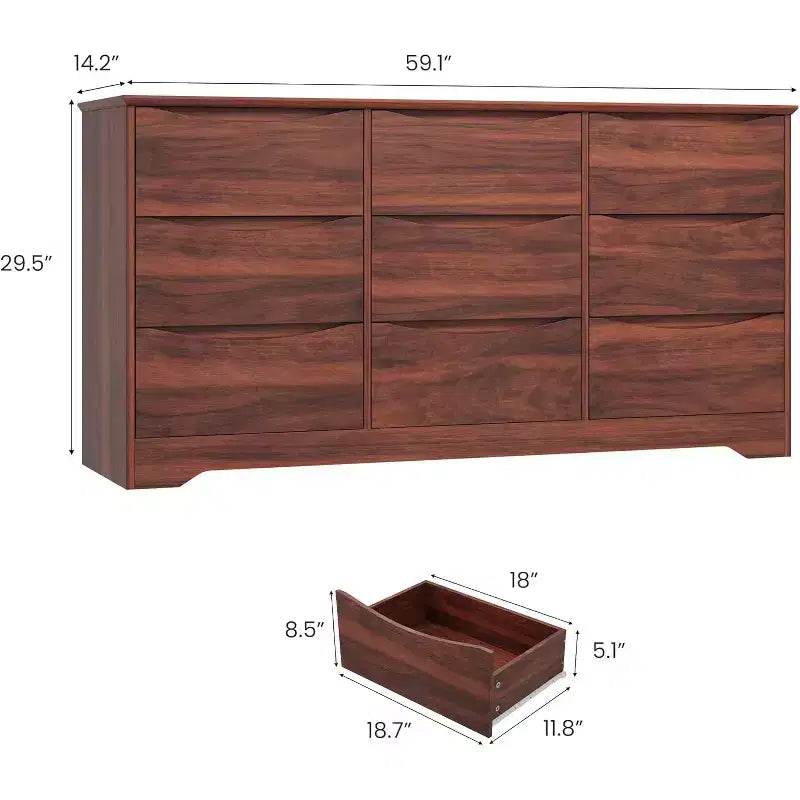 Wooden Dresser with 9 Drawers, Long Storage Dresser, Modern Closet, for Bedroom, Living Room