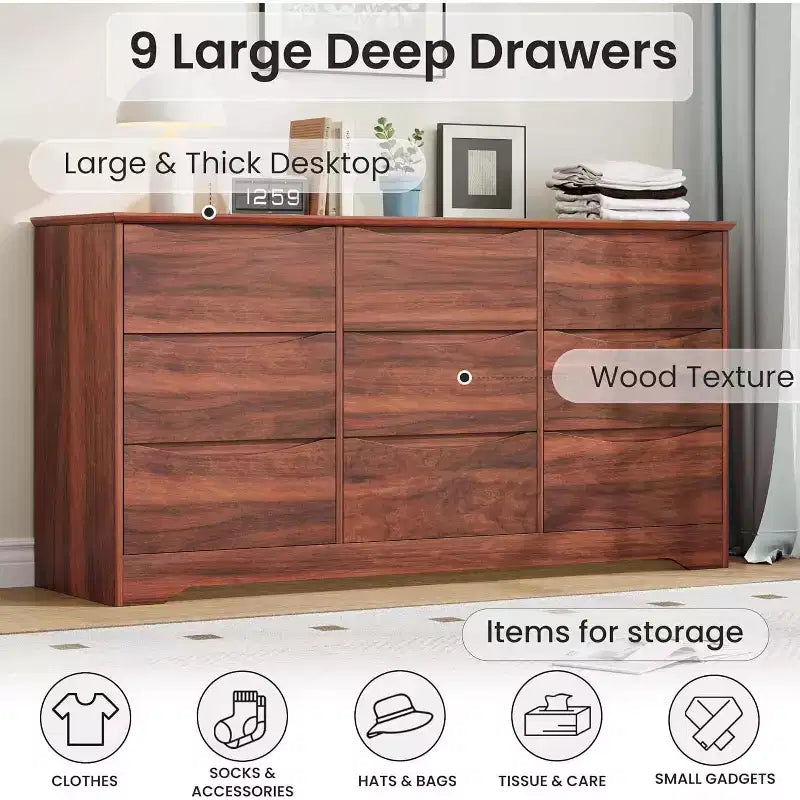 Wooden Dresser with 9 Drawers, Long Storage Dresser, Modern Closet, for Bedroom, Living Room